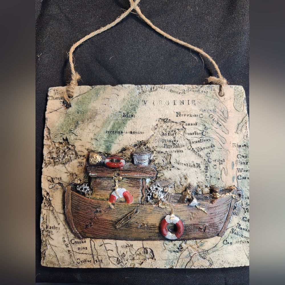 VTG Ceramic Map Virginia (?) Wall Hanging Plaque Tile Metal Ship Boat Nautical